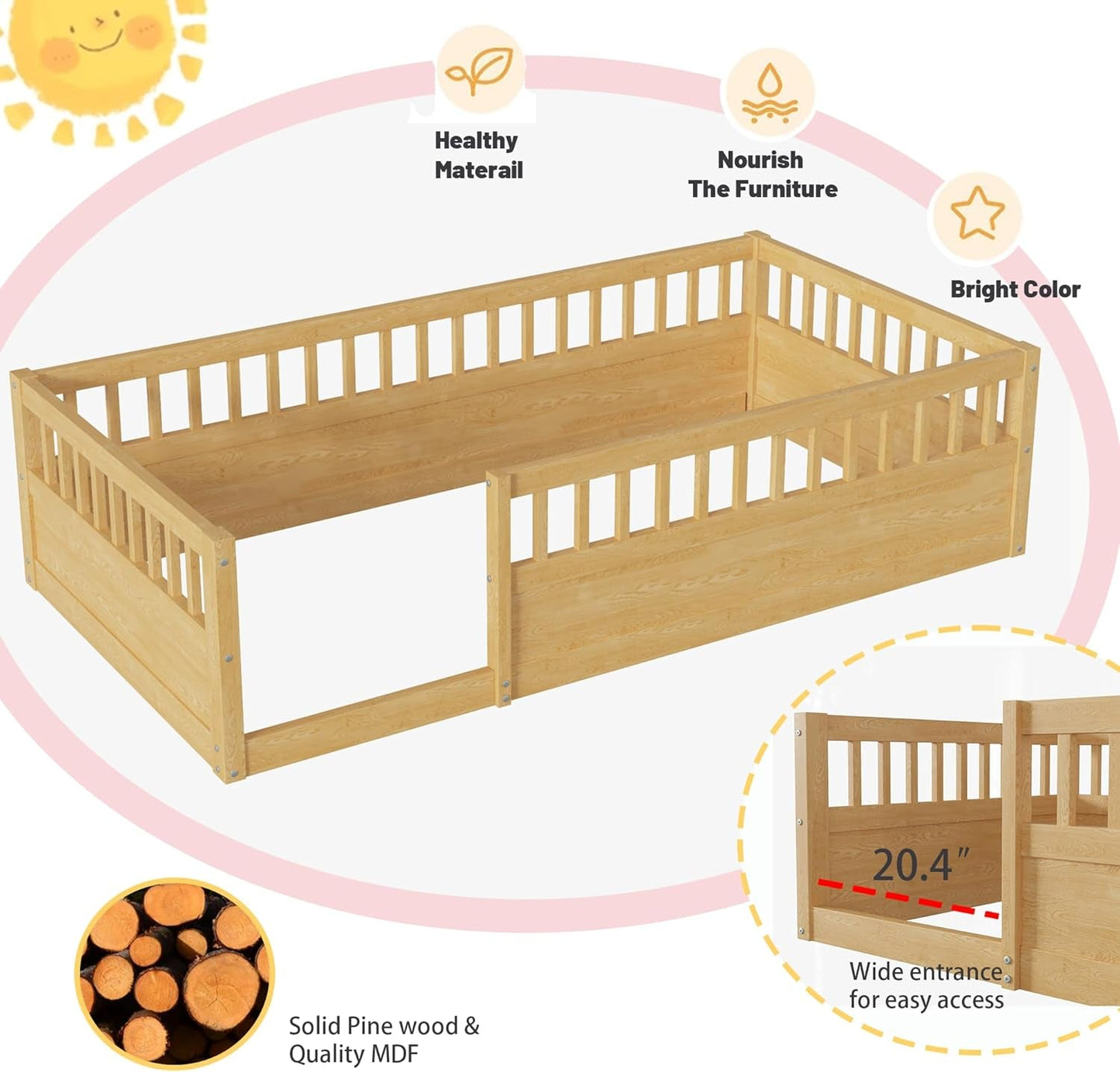 Montessori Twin Floor Bed with High Fence Natural
