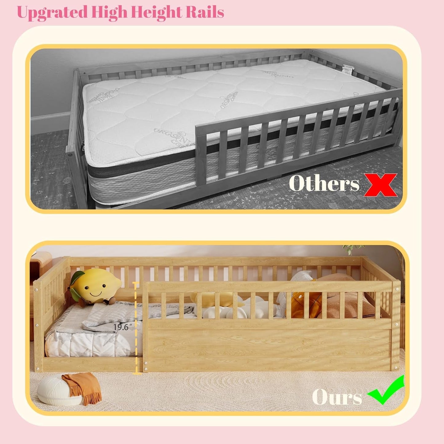 Montessori Twin Floor Bed with High Fence Natural