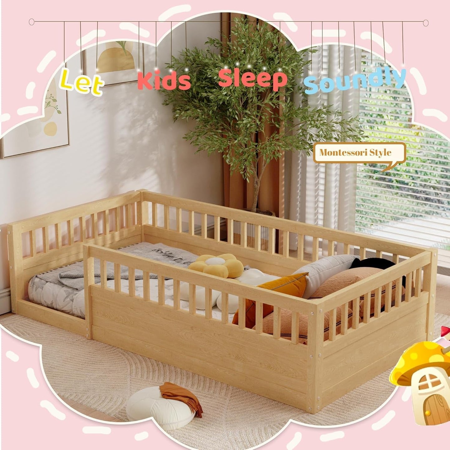 Montessori Twin Floor Bed with High Fence Natural