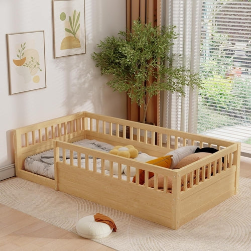 Montessori Twin Floor Bed with High Fence Natural