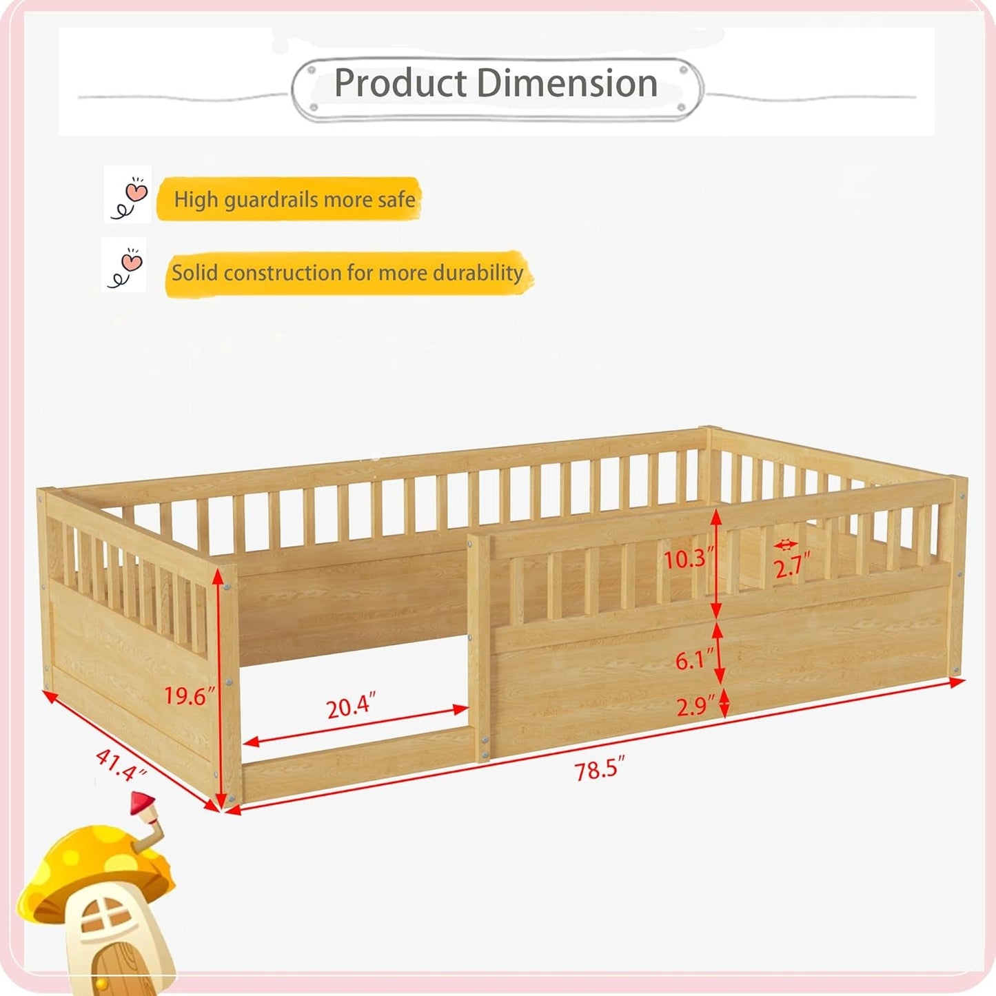 Montessori Twin Floor Bed with High Fence Natural