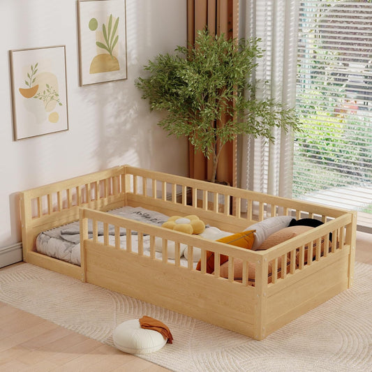 Montessori Twin Floor Bed with High Fence Natural